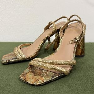 Sam Edelman Gold Metallic Snakeskin Square Toe Strappy Block Heels